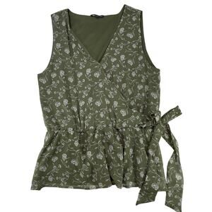 West Kei Green Floral Wrap Peplum Blouse Sleeveless V-Neck Top Medium Women's